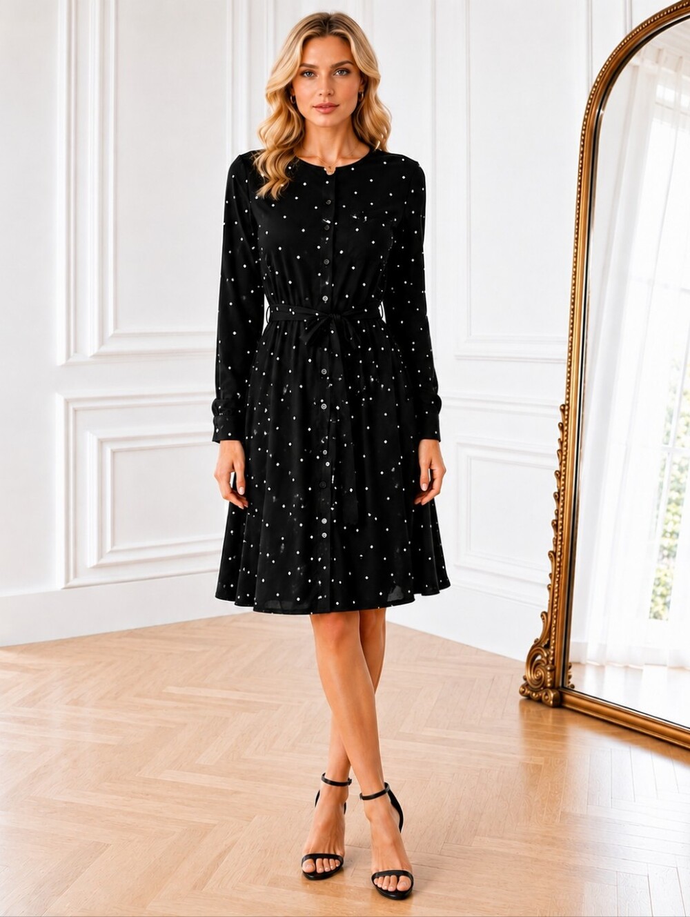 Who What Wear Black Polka Dot Button Front Tie Waist Dress Size: S | Long Sleeve